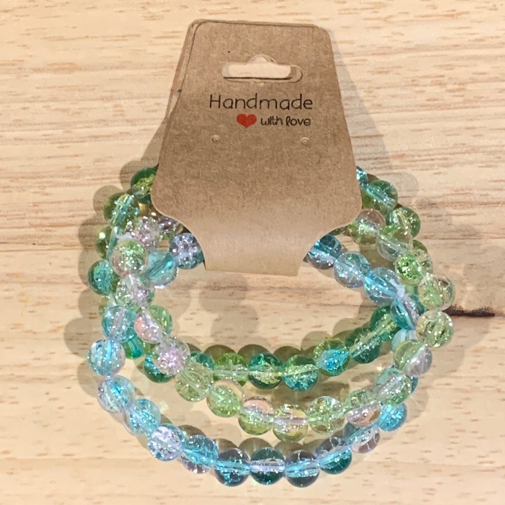 Handmade Beaded Bracelet Set Women OS 3PC Blue Green Glass Crackle Mermaidcore
